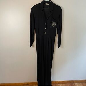 St. John Vintage Black Knit Jumpsuit Gold Accents